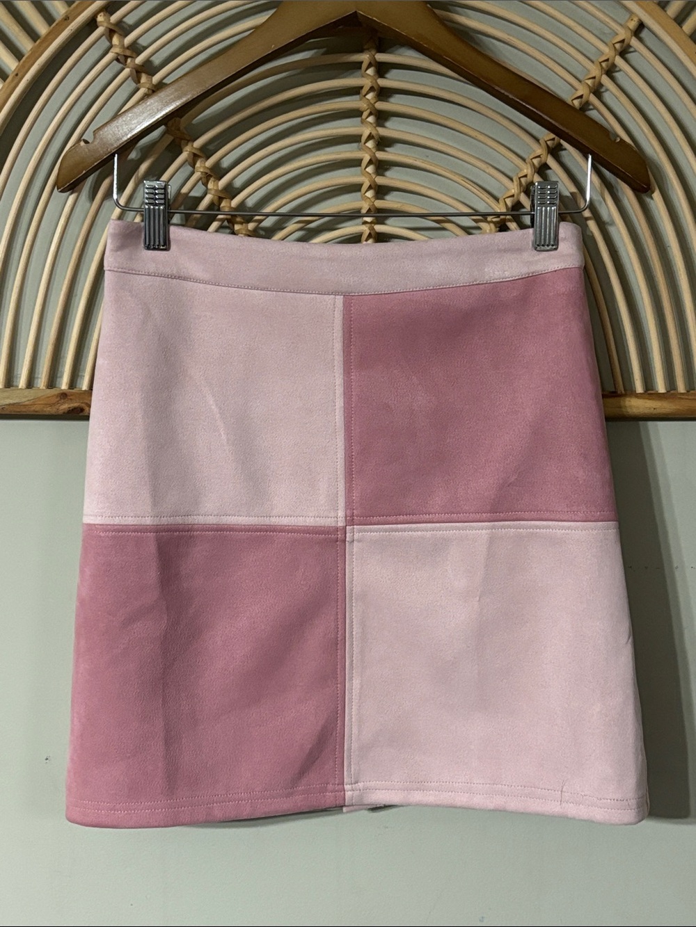 Faux Suede Pink Patchwork Mini Skirt